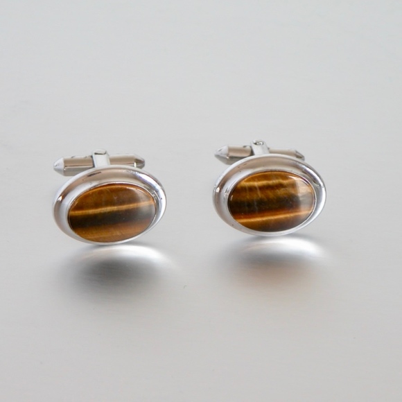 Vtg Tiger's Eye Stone Cufflinks Sterling Silver - Picture 1 of 3